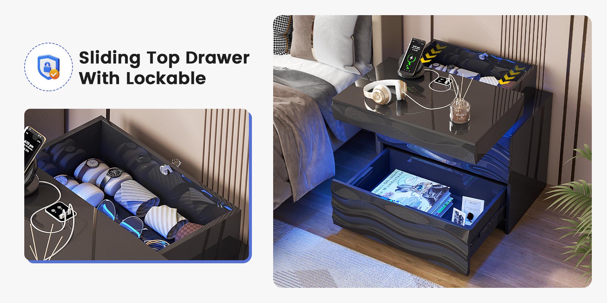 MIUvanity Large Nightstand with Wireless Charging Station, Auto Sensor 3 Color Dimmable Night Stand, Modern Bedside Table ,With Drawers for Bedroom，Dresser, End Table, Bedside Table, Bedroom Furniture for Living Room,LED Nightstand