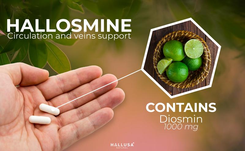 HALLUSA NATURAL HALLOSMINE ADVANCE 1000 mg x 60 Capsules Circulation Support with High-Potency Diosmin 90% for Healthy Vein & Blood Flow Gluten Free Non-GMO Dietary Supplement Made in USA - Edible