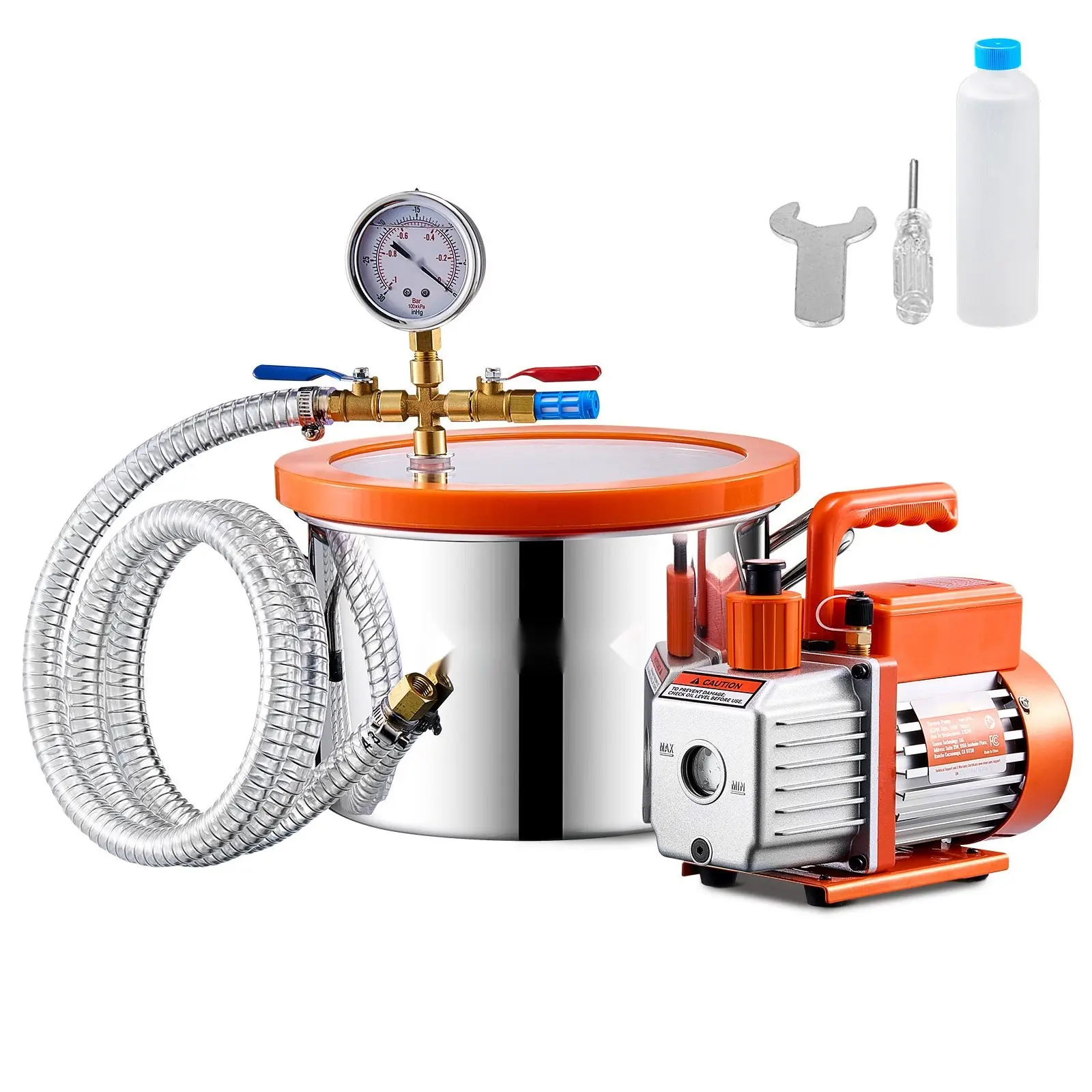 1.5 Gallon Vacuum Chamber With 3.5 CFM Single Stage Pump Degassing Chamber Kit For Resin Casting, Epoxy Vacuum Degassing, Air Removal, Vacuum Sealing, Complete Setup With Chamber, Pump, Fittings, Gauges, O-Rings