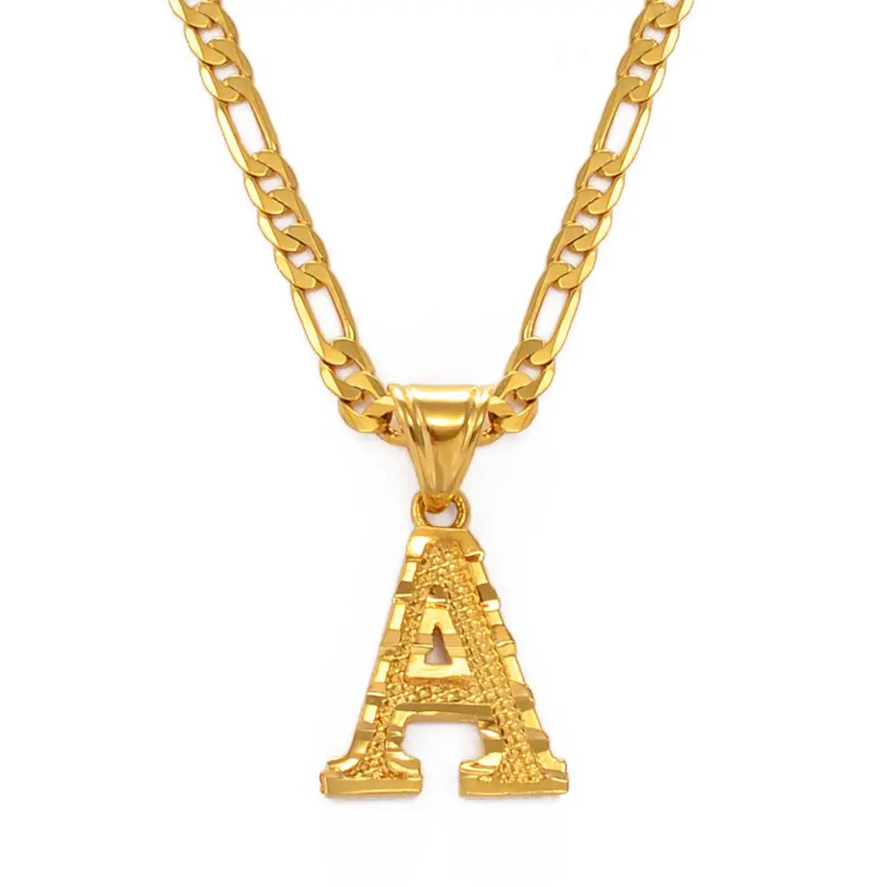 Anniyo A-Z Letters Pendant Necklaces for Women Men Girls English Initial Alphabet Figaro Chains Gold Color Jewelry #058002S