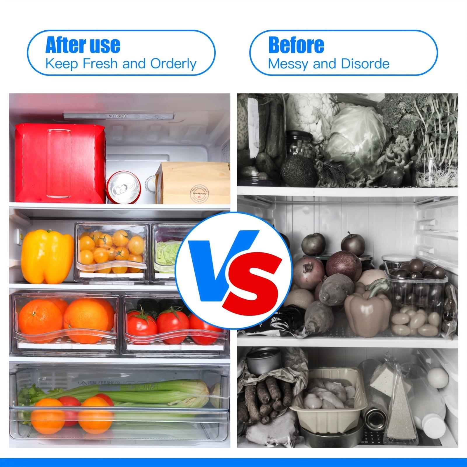 stackable fridge organizer 2 Pack Fruit Storage Containers for Fridge with Drain Board Stackable Refrigerator Organizers Reusable Food Storage BPA-Free PET Plastic Medium & Large Sizes Vegetables Meats