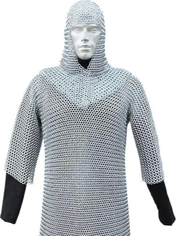 Medieval Warrior Chainmail Armor Set, Men's Long Sleeve Butted Aluminum Haubergeon and Coif for Renaissance Fancy Costume, Clothes, School, Top, Menswear, Replica, Strength