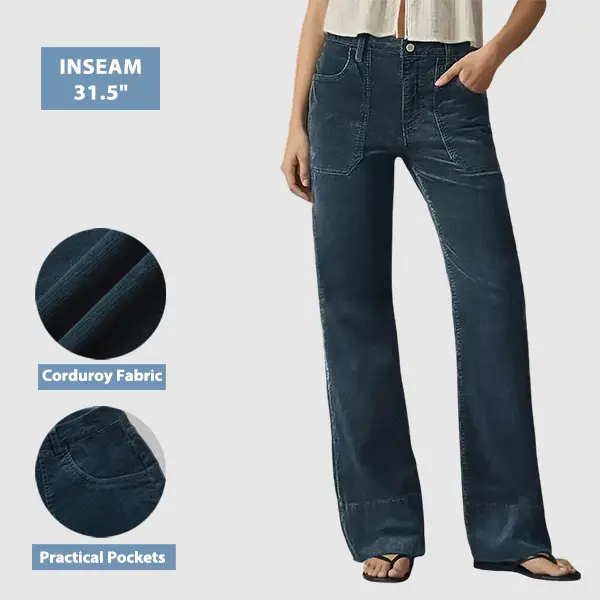 Flamingals Corduroy Patched Pocket Mid Waist Straight Leg Pants Womenswear