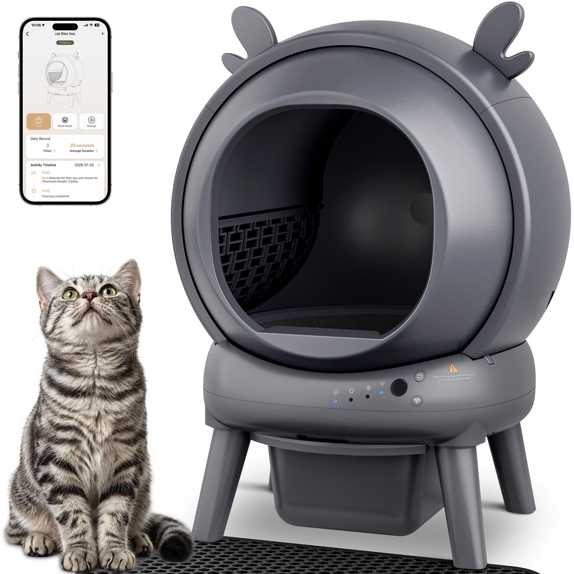 Furrykiddy Automatic Self Cleaning Litter Box, Cat Litter Box with APP Control, 65L Globe & Dual Safety Sensors, Robot Litter Box, 1 Roll Garbage Bags and Litter Mat, <35DB, for Multiple Cats