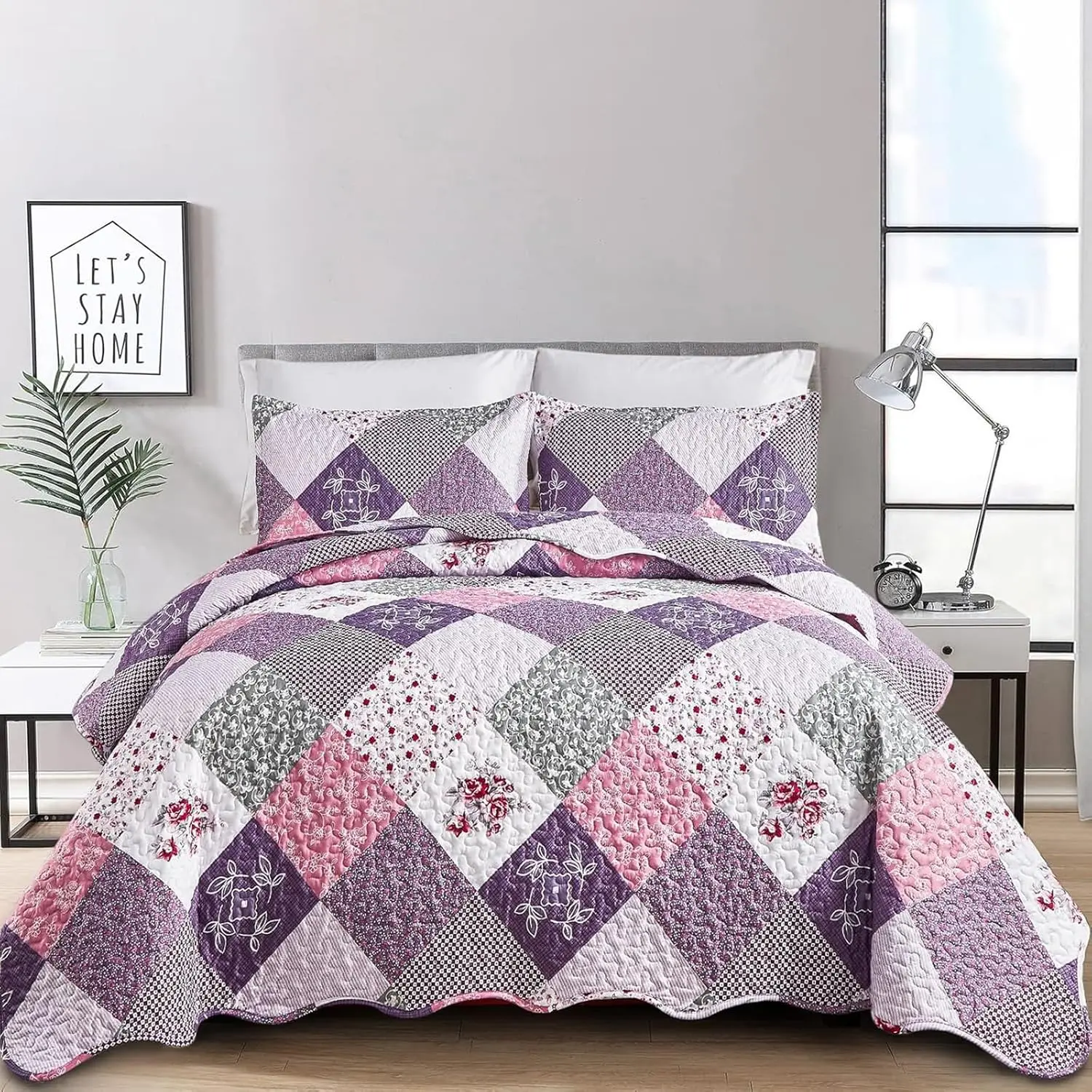WONGS BEDDING Purple Quilt Set Queen Size, Reversible Floral Plaid Patchwork Pattern Bedding Set Soft Microfiber Lightweight Bedspread Coverlet 3 Piece Spring Summer Use (90x90 inches)