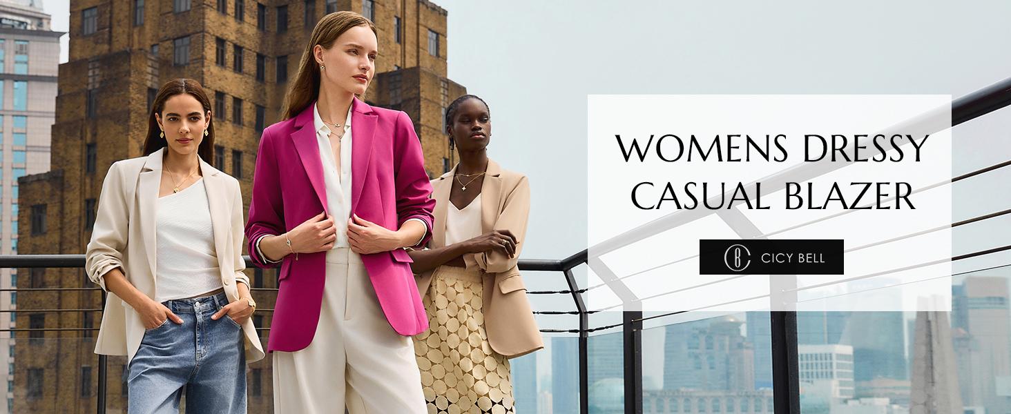 Cicy Bell  Women's Casual Blazer  Fitted Long Sleeve Work Office Suit Jacket with Flap Pockets Soft Wrinkle Resistant Fabric Minimalist Basic