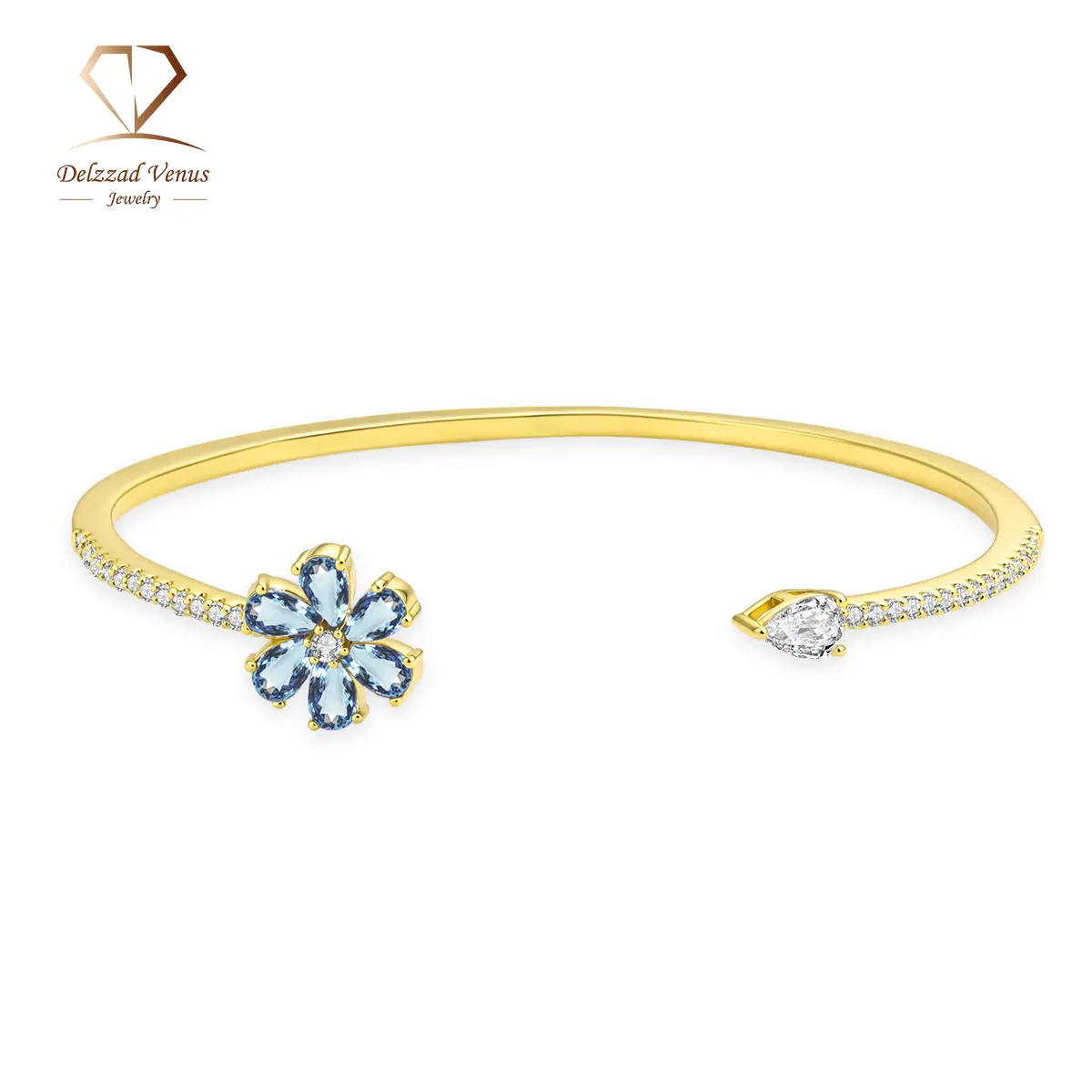 DELZZAD Women's Glace Petals Cuff Bracelet - Asymmetric Copper Bangle with Sparkling Cubic Zirconia Flowers, Adjustable Open Fit, Ideal for Daily, Party Wear, Female Anniversary/Birthday Gift Ideas, Engagement