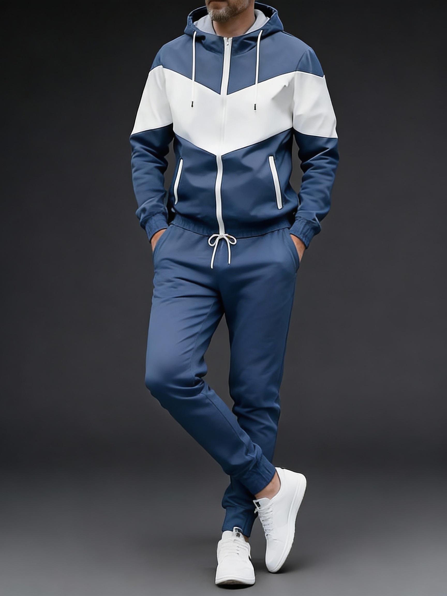 Stylish Contrast Color Block Tracksuit for Men Full Zip Hooded 2-Piece Casual Sportswear for Daily Leisure Activities Blue & White