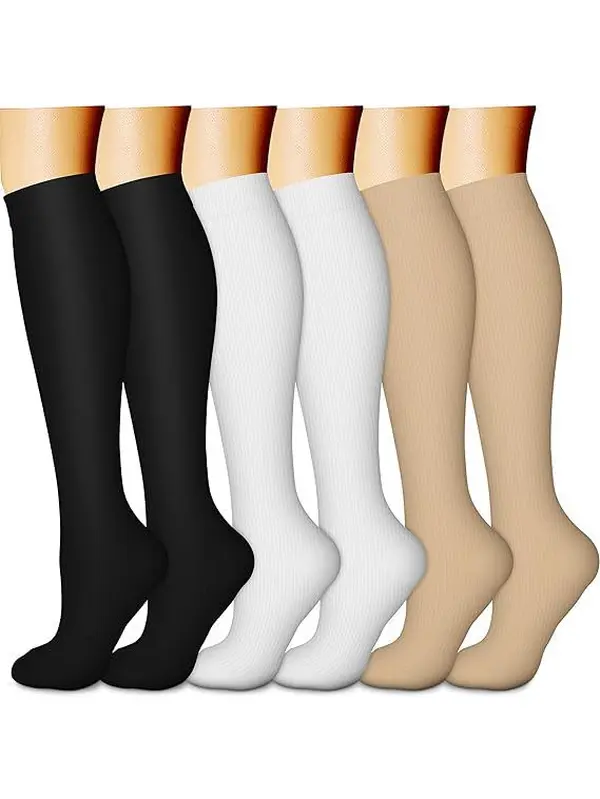 Women's Graduated Compression Socks, 6 Pairs Knee High Minimalist Style, Solid Cotton Blend for Office and Active Wear, Six Pairs