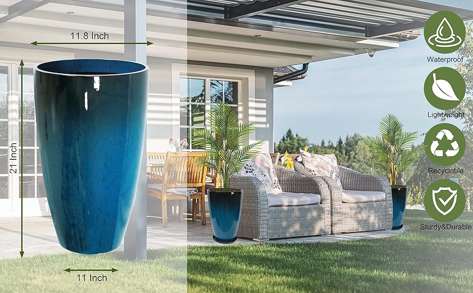 SUNNYGLADE 2Packs 21 inch Tall Planter, Indoor Outdoor Blue Glossy Round Planter for Porch, Large Flower Pot with Drainage Hole for Home Garden Front Door