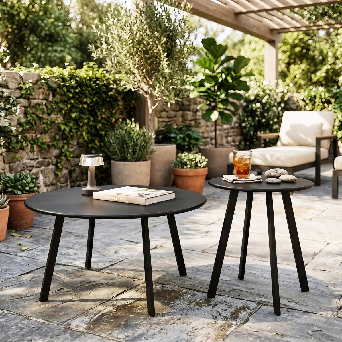Patio Outdoor Coffee Table Set of 2, Round Nesting Coffee Table Set, Weather Resistant Outdoor Round End Table Modern Coffee Tables for Living Room Balcony Home Office (Black)