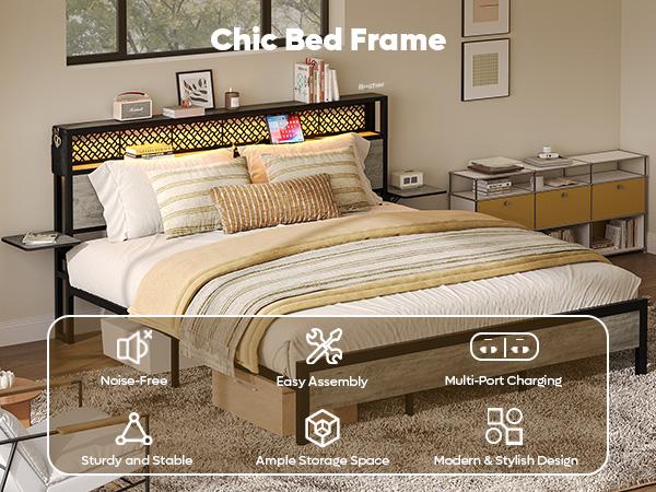 Bestier - Bed Frame with Headboard Foldable Shelves LED Lighting Charging Station Non-Slip Metal