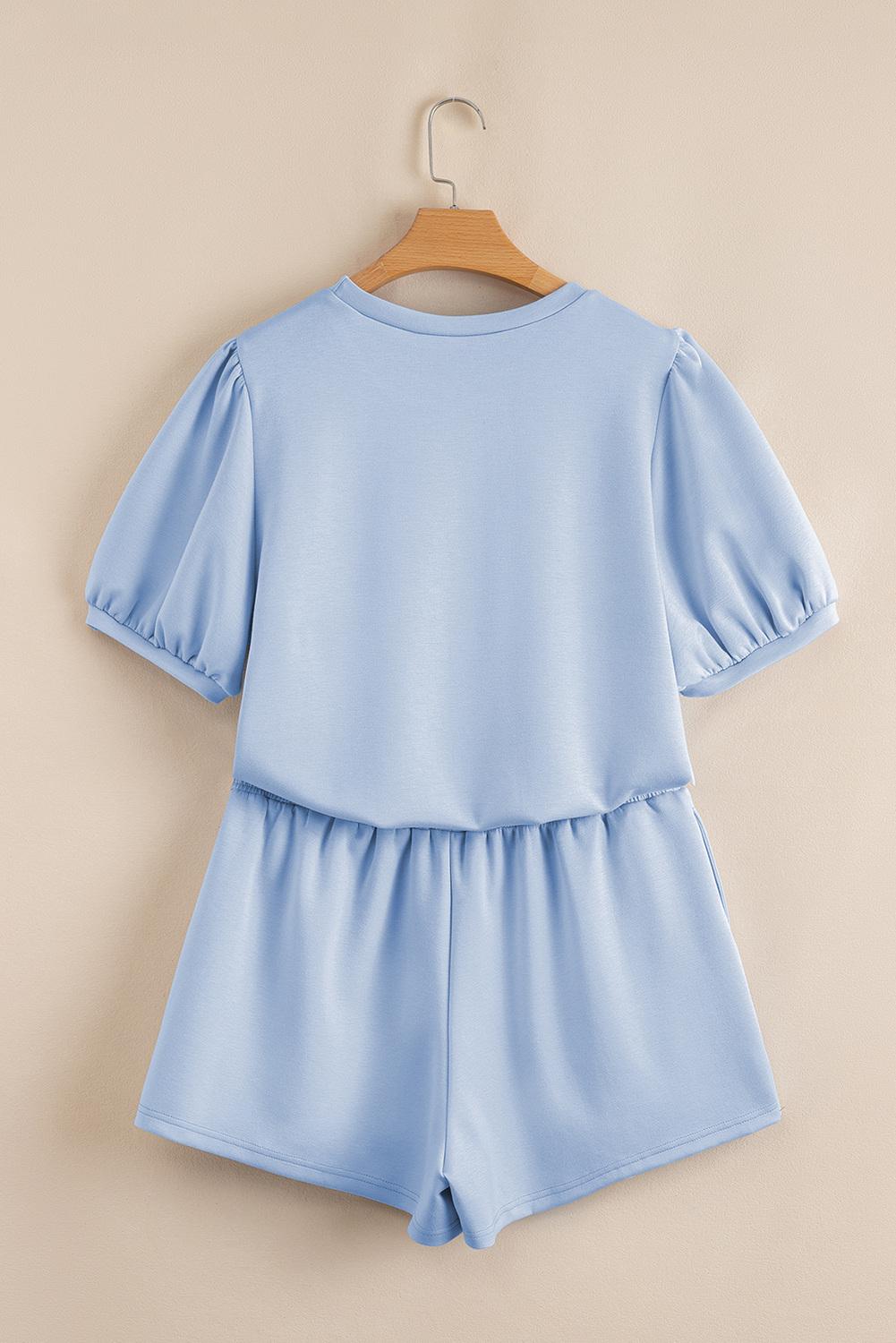 Mntaor Women's Beau Blue Puff Sleeve Pearl Embellished Scallop Trim Skort Set Sweet & Chic Outfit for Beach Vacations Brunch Dates & Casual Day Trips