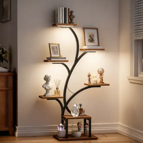 BACEKOLL 7-Tier Lighted Tree-Shaped Corner Wall Shelf - 49 inches Metal Organizer with LED Lights, Aesthetic House Decor, Accent Shelf for Bedroom Storage & Decorating Needs