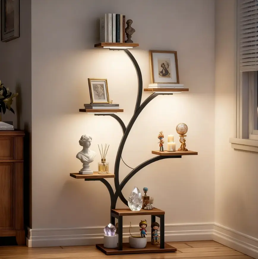 BACEKOLL 7 Tier Lighted Decorative Display Shelf, 49" Tree-Shaped Corner Storage Rack with LED Lights, Metal Tall Display Shelf for Books, Figurines, Photo Frames, Candles, Crystals & Collectibles, Brown summerwins
