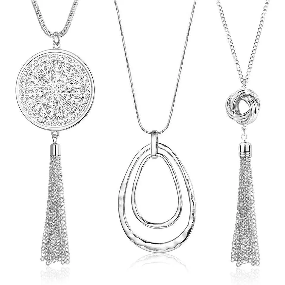 A Set of 3/6 Pcs Long Pendant Necklaces for Women Men,Knot Disk Circle Tassel Statement Sweater Necklace Set,Halloween Christmas Party Gifts,Fathersdaygift,Hand Tools Kits