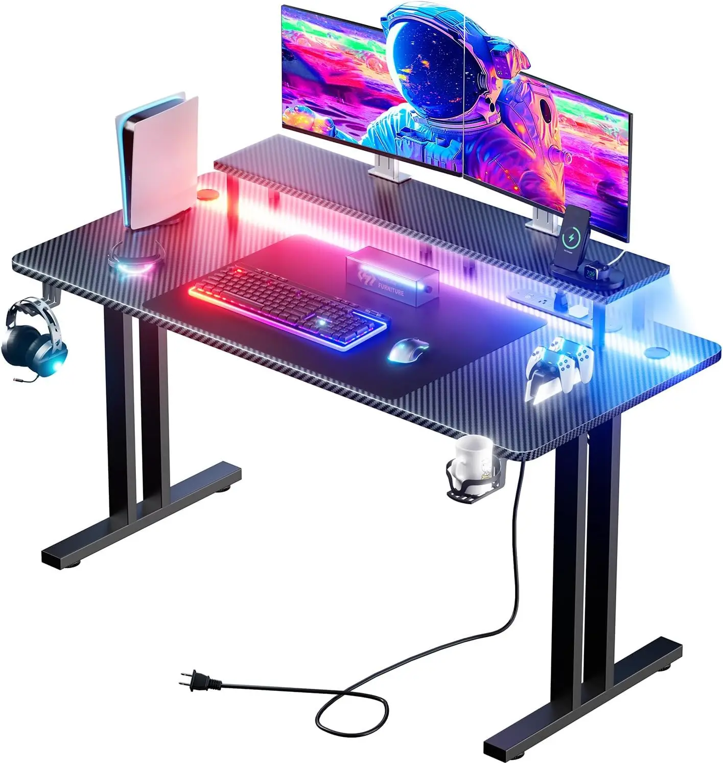 Ecofurnix, Gaming Desk with 5 Sockets & LED Lights, Computer Gamer Desk with Monitor Stand, Ergonomic Carbon Fiber Gaming Table Home Office Desk with Cup Holder, Headphone Hook & Mouse Pad