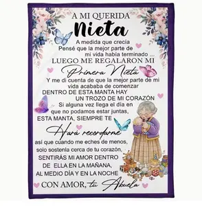 Grandma gave her granddaughter a butterfly-print Spanish alphabet blanket as a gift. It’s light and fluffy, making it perfect for use on the couch, in bed, in the car, at the office, while camping, or when traveling. A gift for a granddaughter.