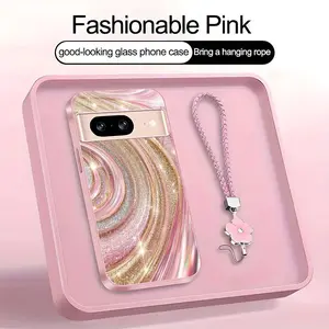 Luxury Rose Gold Swirl Phone Case with Flower Lanyard, Glitter Pink Art Aesthetic Cover for Google Pixel 8 ---975