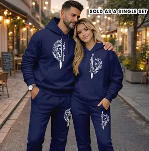 Couple's Stronger Together Print Hooded Sweatshirt and Drawstring Sweatpants Set (Sold as a Single Set), Casual Sportswear, Long-Sleeve Hooded Jacket and Pants, Suitable for Autumn and Winter, Everyday Wear, Tracksuit, Casual Athletic Wear