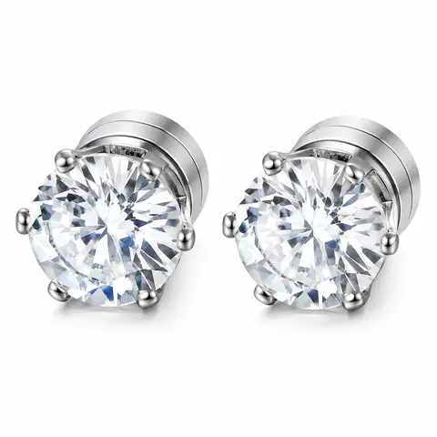 Unisex Non-Pierced 8mm Cubic Zirconia Stud Earrings - 1 Pair Silver-Tone Stainless Steel Magnetic Clip-On Earrings, Minimalist Daily Wear Fashion Jewelry for Men-Women, Studs Earrings
