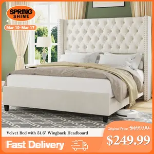 AMERLIFE Modern Bed Frame, Velvet Upholstered Platform Bed with 51.6" Tall Wingback Headboard, Deep Button Tufted, No Box Spring Needed/Sturdy Structure Design/Luxury Furniture Design/Queen/King Size/Best Gift Ideas/Christmas Gifts