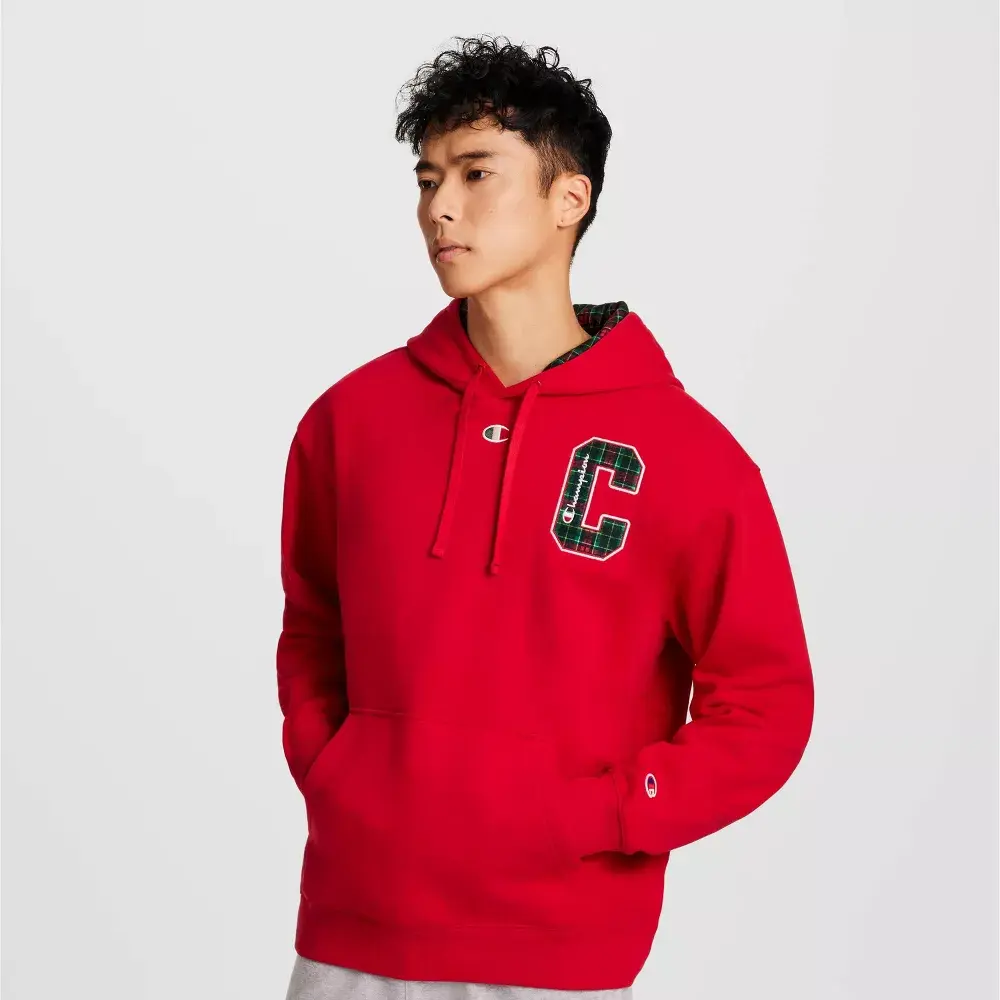 Champion Men's Hooded Sweatshirt - Menswear Basic Garment, Midweight Fleece Pullover with Plaid Applique, Kangaroo Pocket, Ribbed Trim & Vibe Hem