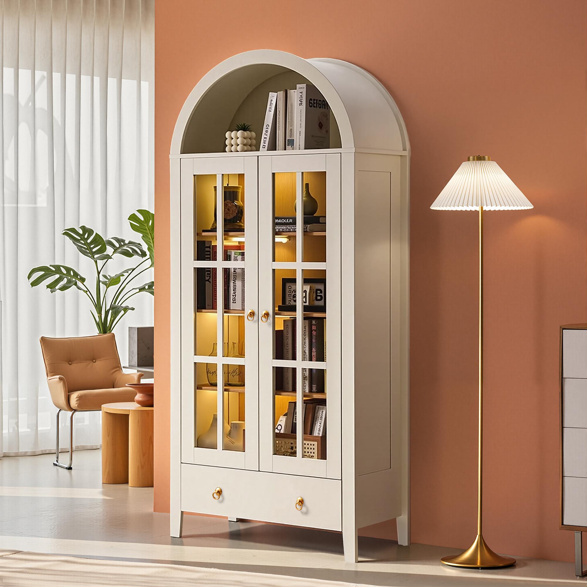 【Stock Up Sale】Ovios 71" Tall Arched Kitchen Pantry with Glass Door & Magnetic LED Lights, Modern Farmhouse Deep-Drawer Livingroom Storage Cabinet, Eco Wood Panel, Cupboard for Kitchen/Dining/Bathroom/Toy