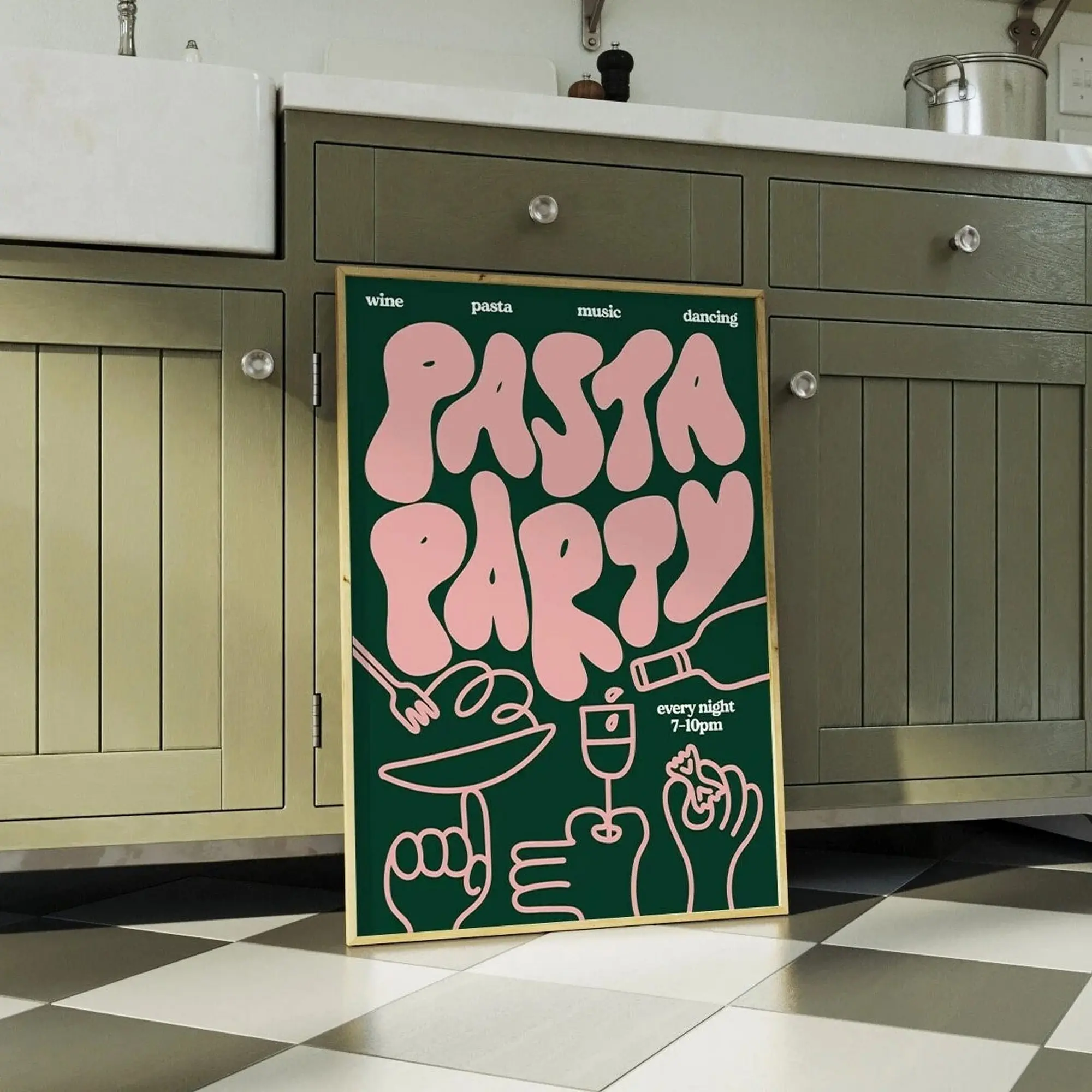 Pasta Party Food Poster – Retro Typography Kitchen Wall Art for Restaurant or Home Decor (No Framed)