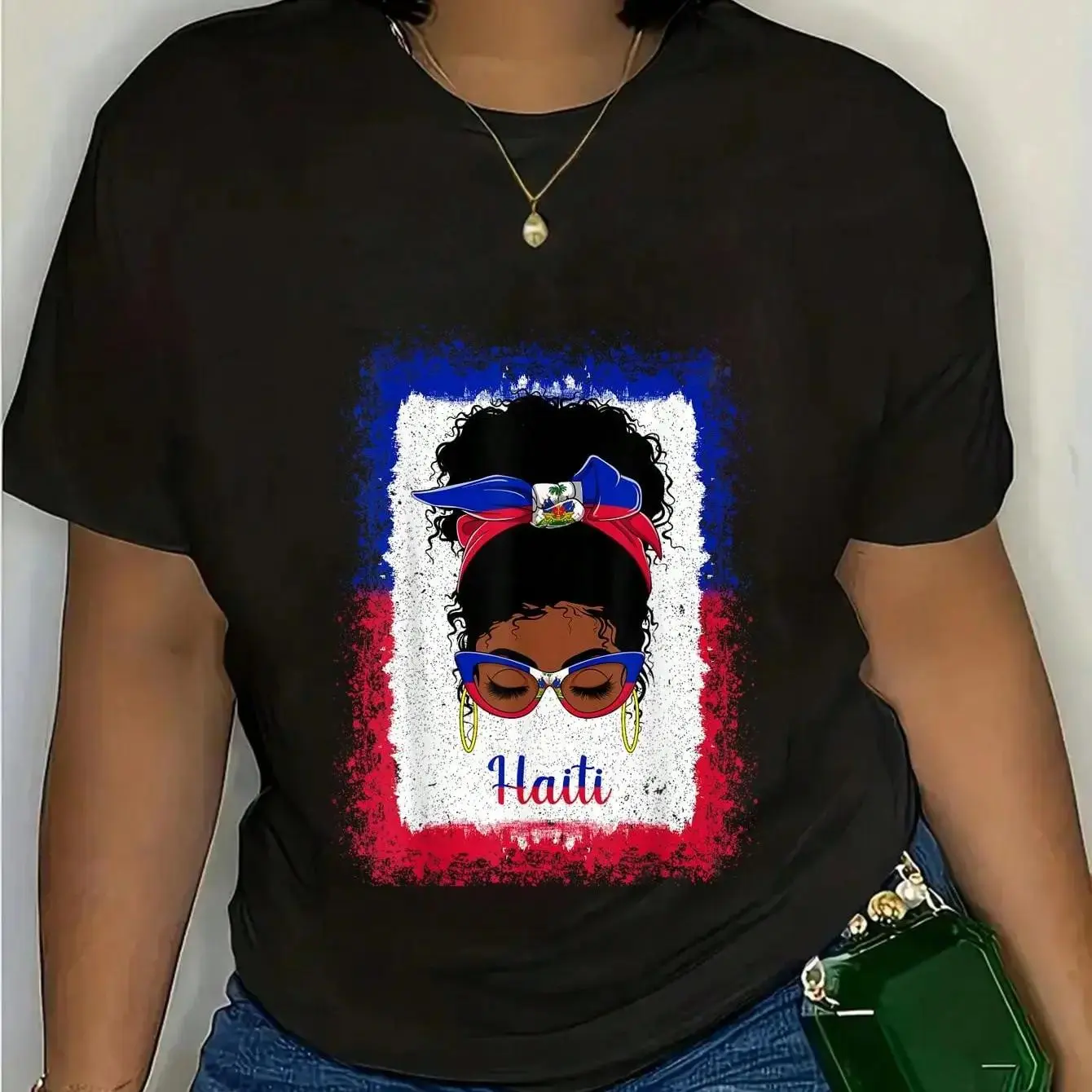100% Cotton Messy Bun Haitian Haiti Flag Womens Woman Girl T-Shirt