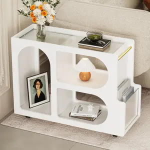 Mobile End Table with Lockable Wheels, Narrow Coffee Table with 5mm Thick Fluted Tempered Glass, Modern Nightstand with Golden Round Rod, Living Room, White/Black/
