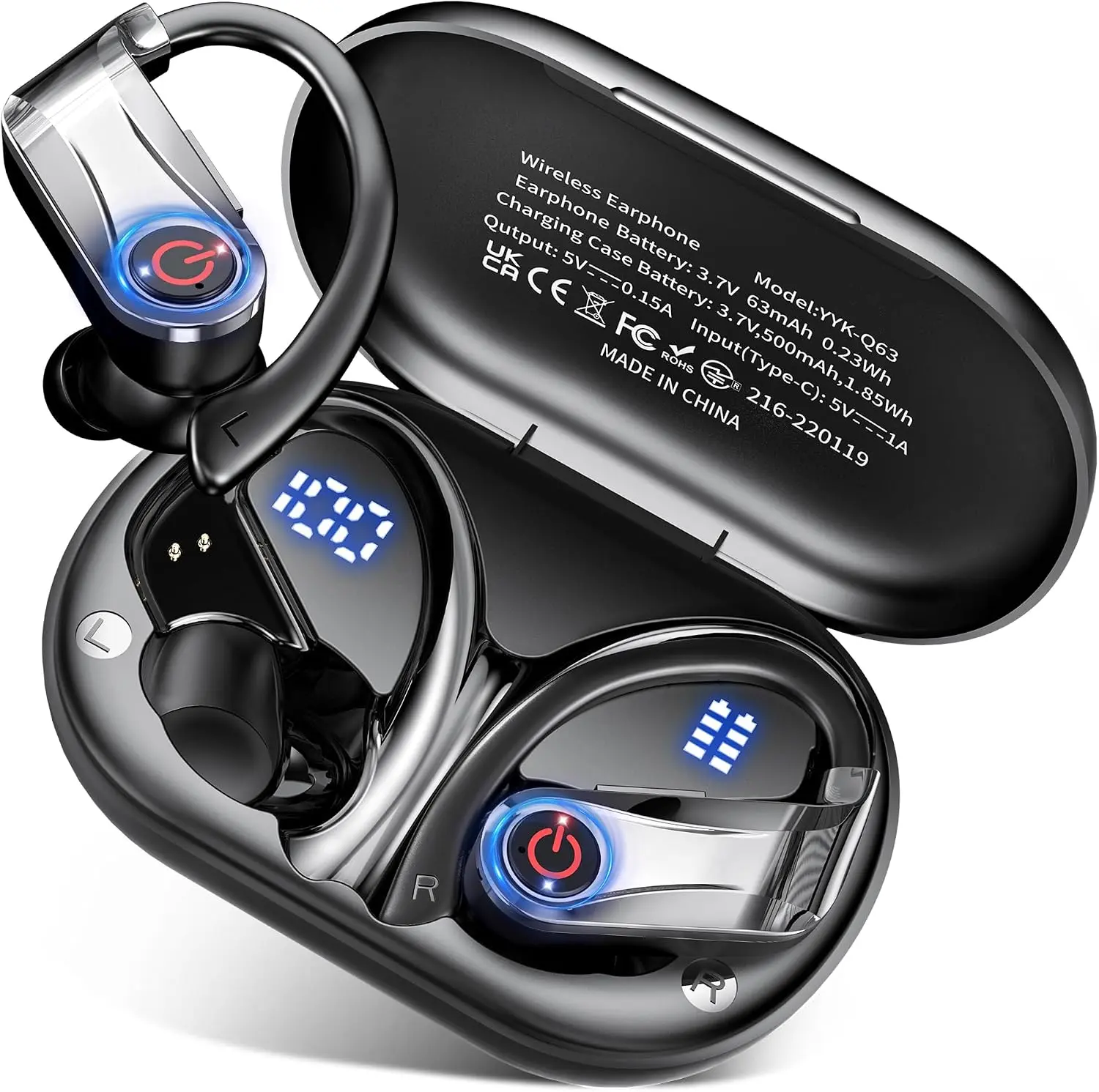 Bluetooth 6.1 Headphones True Wireless Earbuds 120hrs Playtime Wireless Charging Case, Digital Display Sports Ear Buds with Earhook Hi-Res Audio Clear Calls Earphones IPX7 Waterproof for Running Gym