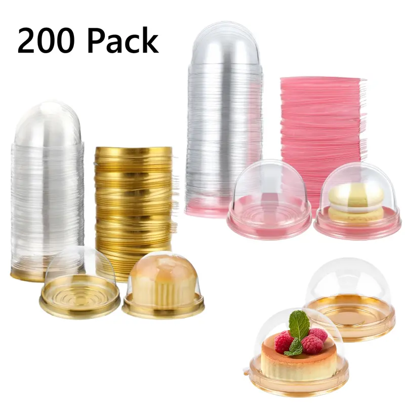200-Pack Transparent Shaped Plastic Mini Cake Boxes with Round Dome Lids - Baking Bakeware for Coffee Shop Baby Shower, Safe Material, Simple Open-Fill-Close Design, Fits Cake Cups Mini Muffins Mooncakes