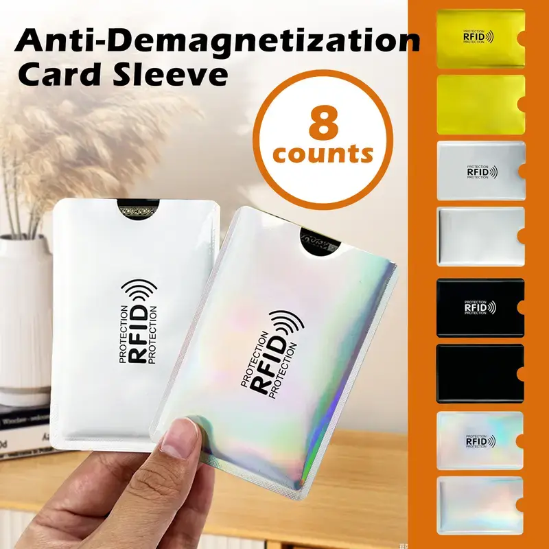 8 RFID card clips, anti-theft, aluminum foil, lightweight, multi-color, non-contact protection, waterproof, durable, pocket size, anti demagnetization credit card cover, travel anti-theft ID card protector, non-contact thin aluminum card cover