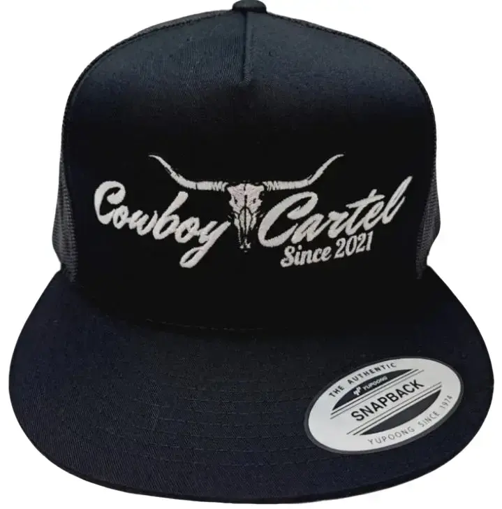 Yupoong Black Cowboy Cartel Flatbill Mesh Snapback Cap - Embroidered Patch, Casual Daily Wear Hat (Black Snapback Hats), Casual Hat