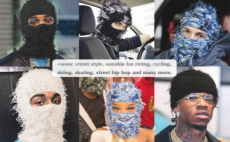 Balaclava Distressed Knitted Full Face Ski Mask Winter Windproof Warmer Men Women One Size Fits All Fuzzy Cozy Camo Cap Yeat Style Beard Funny Outdoor