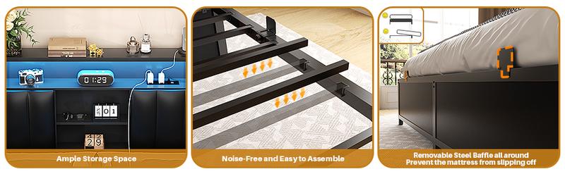 Aheaplus Bed Frame with Charging Station & Led Lights, Platform Bed with Leather Upholstered Headboard and Storage, Metal Slats Support No Box Spring Needed, Noise-Free Easy Assembly, King Size,Queen Size and Full Size to Choose