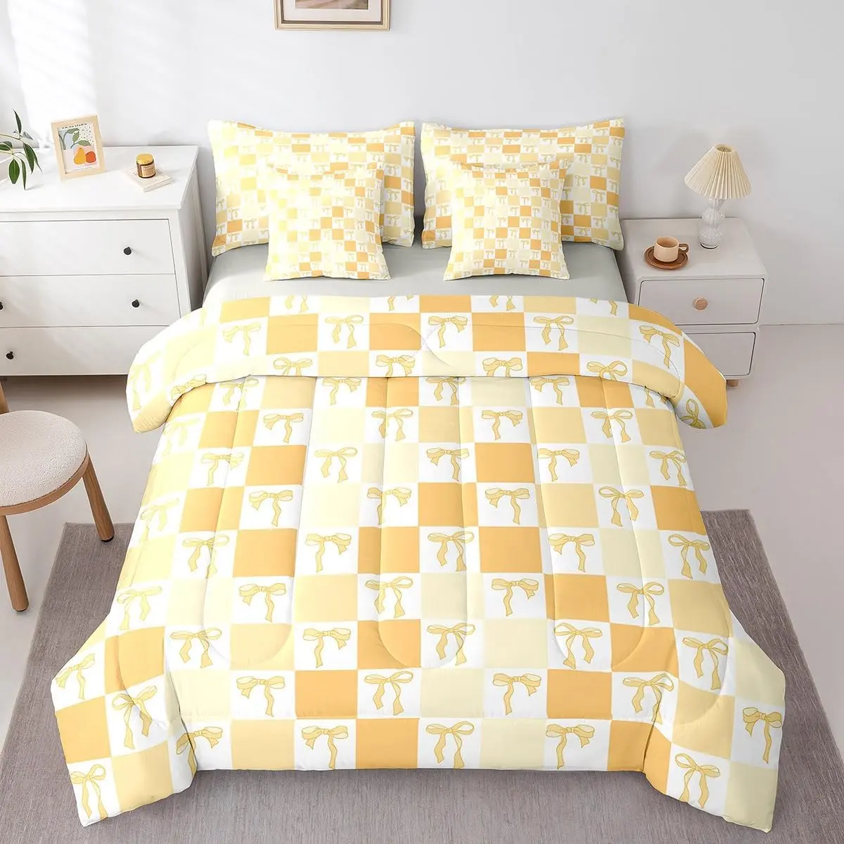 Feelyou 7-Piece Soft Breathable Blanket Bedding Set - Grid Bowknot Comforter, Ribbon Bow Kawaii Bed-in-a-Bag, Cute Aesthetic Yellow Kids Coastal Bedding for Halloween, Thanksgiving, Valentine's Day, Bedding Sets Collections