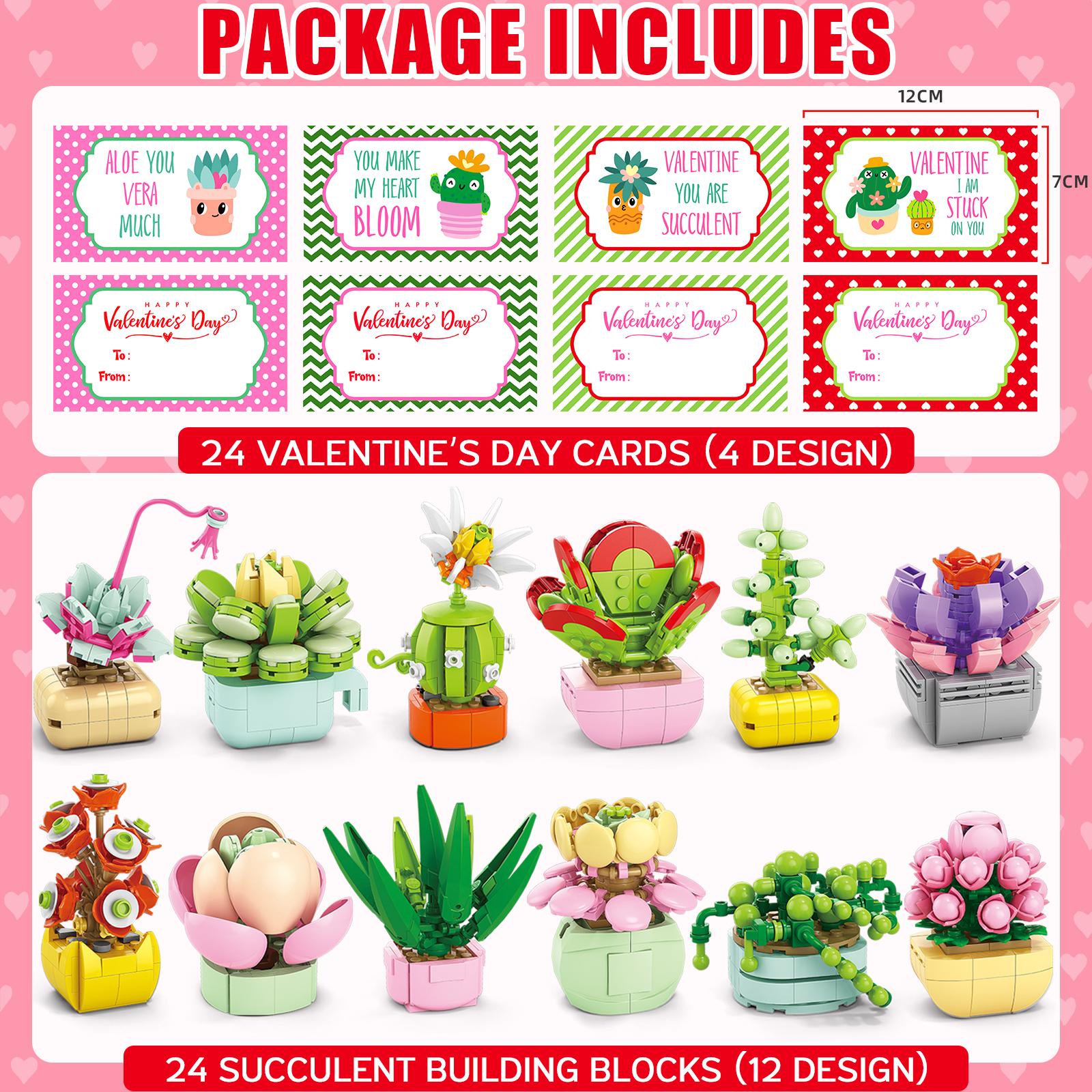 24 Pack Valentine’s Day Mini Gift Sets with Greeting Cards Succulent, Ocean Animal & Flower Desk Decorations Small Holiday Gifts for Classroom Exchange & Party Favors