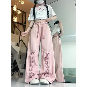 Pink Pants Women's New Versatile Student Straight Wide-Leg Long Pants Loose Slimming High-Waist Tie Cargo Jeans Casual Denim
