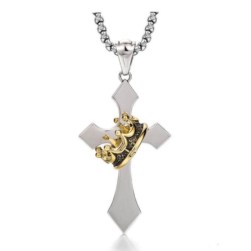 KISSFOO Stainless Steel Crown Cross Necklace for Men and Women Faith Prayer Accessories Gift