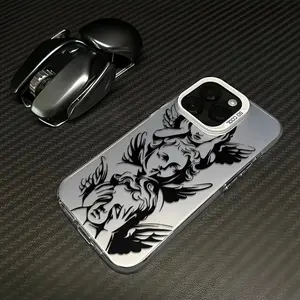 Metallic Silver Cherub Pattern Phone Case It Elevates Your Device With Understated Elegance Fashion Laser Craft for iPhone 17 16 15 14 13 12 11  Anti-Drop Protection