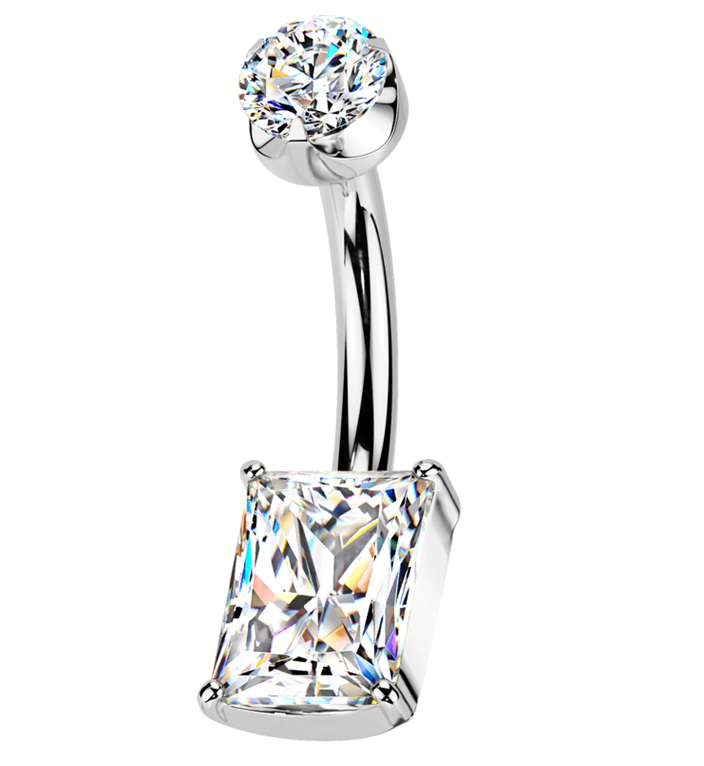 Rectangle Semi-Bezel Clear CZ Titanium Internally Threaded Belly Button Ring