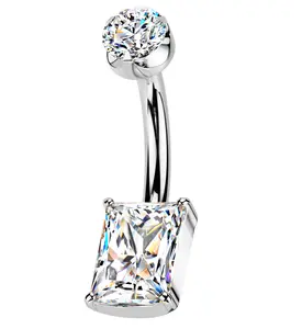 Rectangle Semi-Bezel Clear CZ Titanium Internally Threaded Belly Button Ring