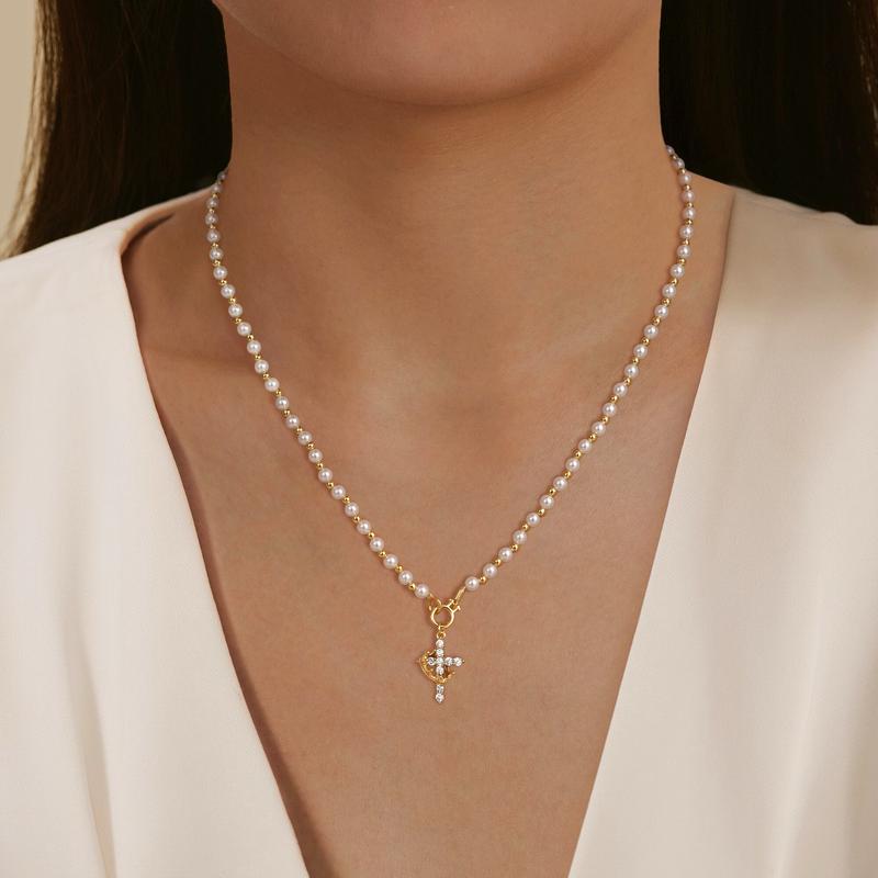 Tewiky Gold Pearl Beaded Crown Cross Necklace for Women, 4mm Pearls 3mm Beads Dainty Layered Style Jewelry Gift For Valentine's Day