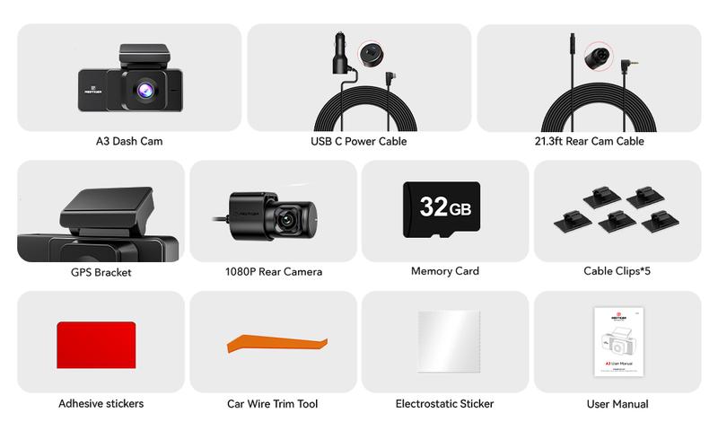 REDTIGER A3 3 Channel Dash Camera 32GB Card 2.5K+1080P+1080P IRCamera Wifi Dashcam HD Driving Recorder-Holiday Haul