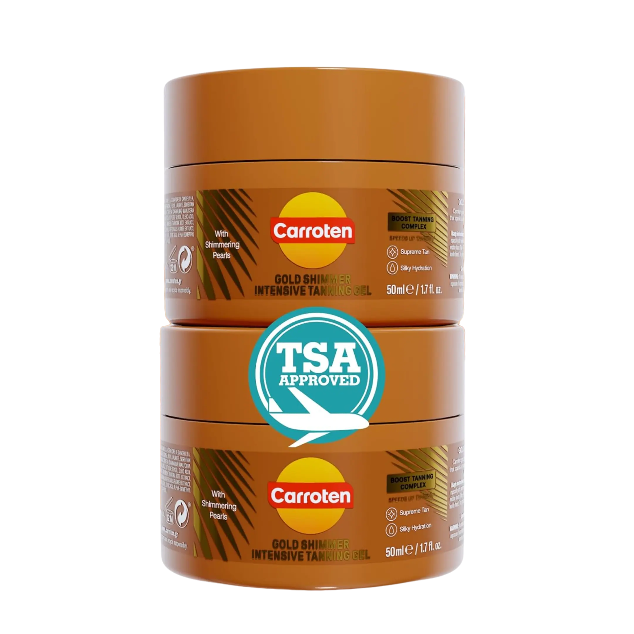 Mini Gold Shimmer Tanning Gel | Travel Size Tan Accelerator & Body Bronzer | Non-Greasy Water-Resistant with Carrot & Coconut Oil | Vitamin A & E For Moisture & Hydration | 1.7 oz (2 Pack) Golden Body Care Nourishing Radiant