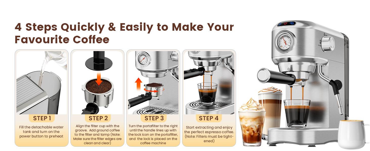 Espresso Machine 20 Bar, Semi-Automatic Coffee Maker with 1450W Powerful Motor, Milk Frother Steam Wand, 34oz Removable Water Tank for Latte, Cappuccino, Home Use, Silver