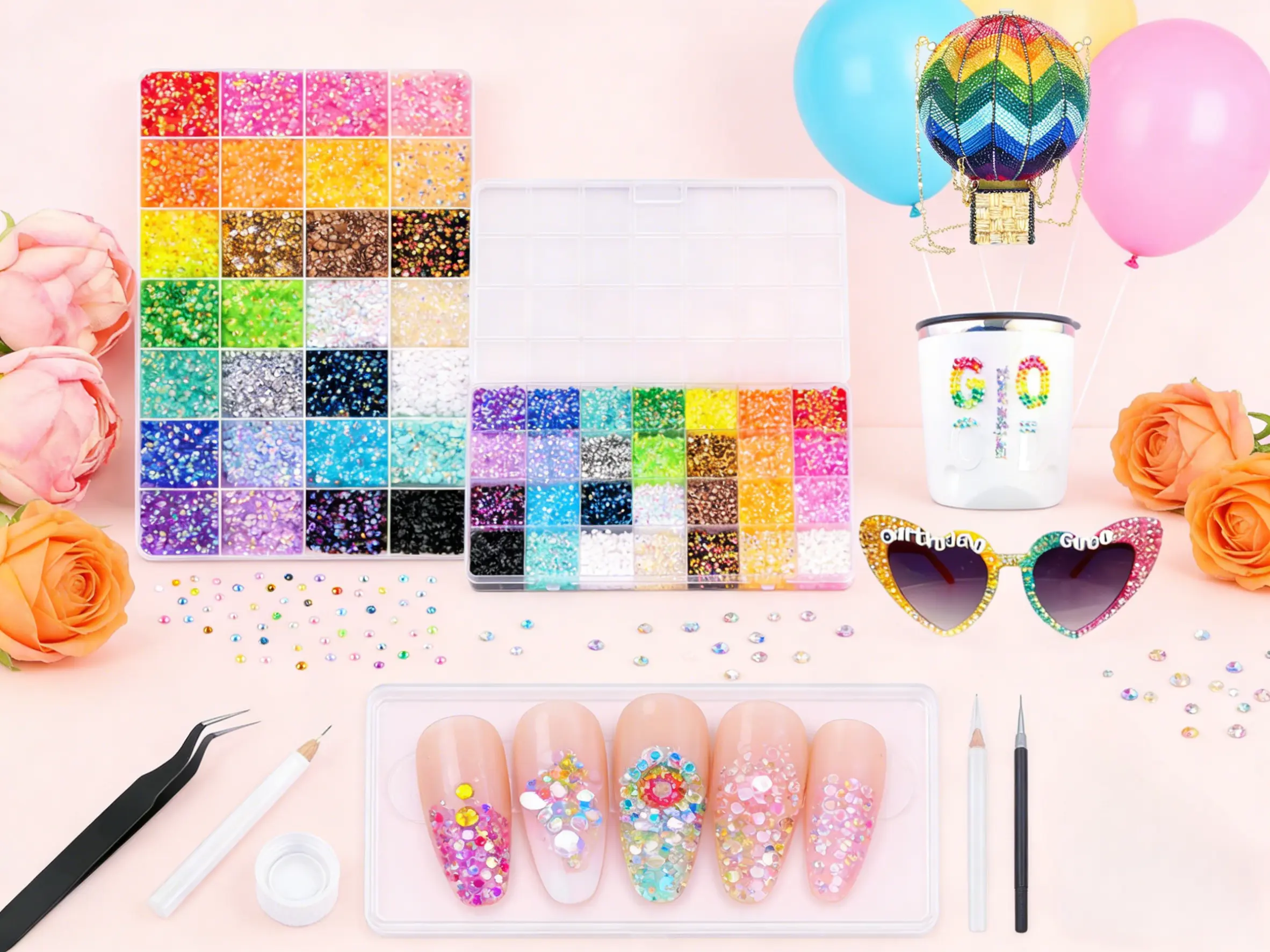 Resin jelly, rainbow stone, 28 grids, 26,000 multi-color flat-bottom gemstone diamonds, art DIY handicraft decoration, craft book, nail art, with tweezers, magnetic pen and complimentary products