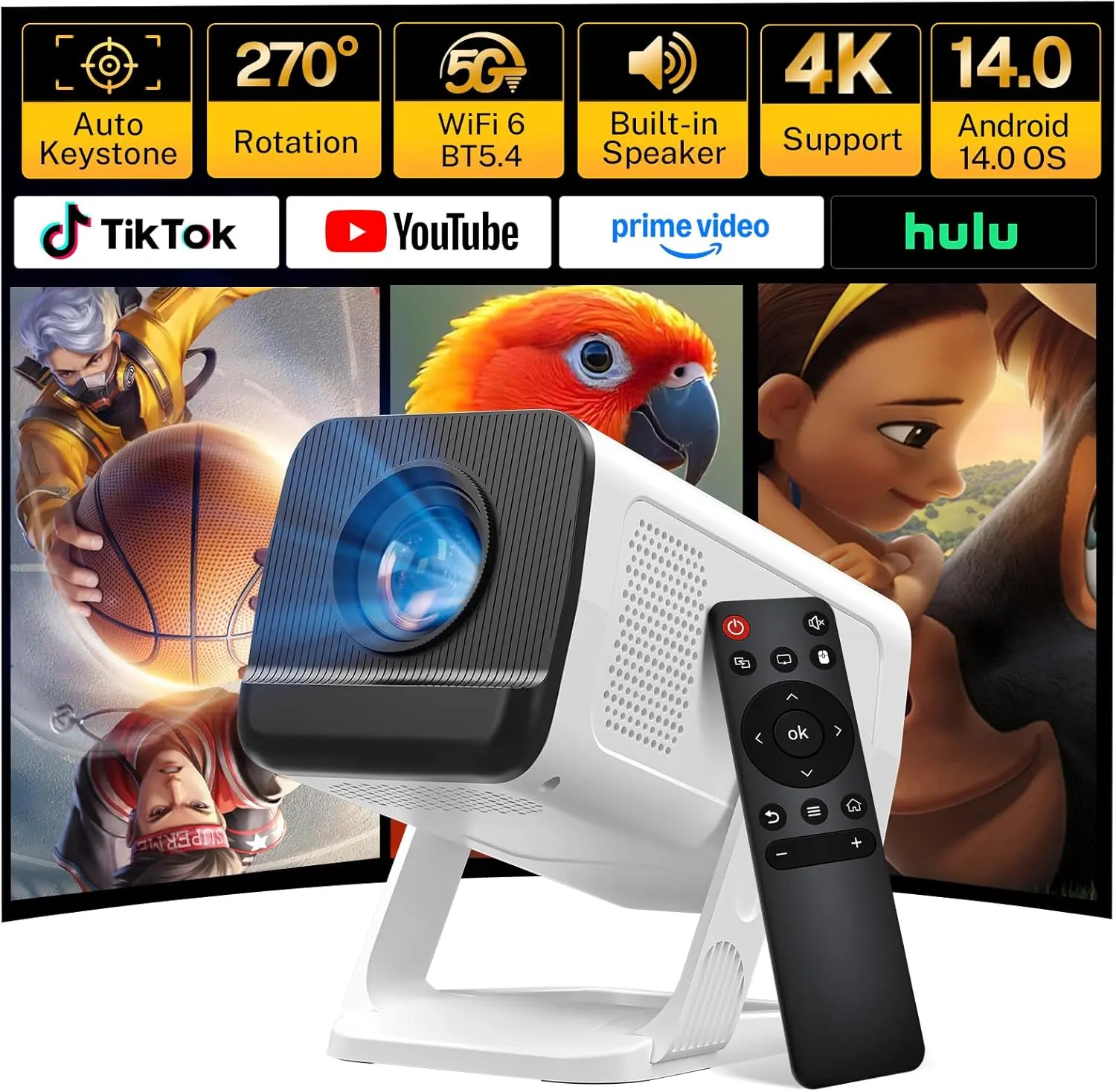 [2026 Upgraded] X1 Projector 300ANSI Android 14.0 Dual WiFi6 8K 4K Decode Auto Keystone Correction Wireless BT5.4 130"Screen 1280*720P Built-in Speaker  180° Rotatable Mini Portable Home Cinema Outdoor Audio Summervibes Gift